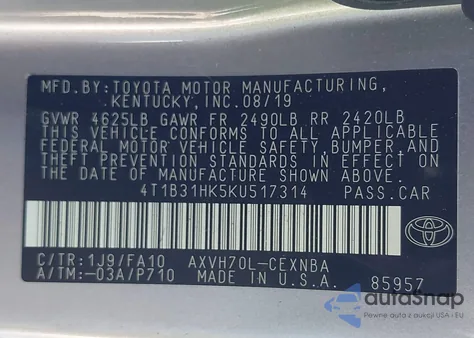 2019 Toyota Camry Hybrid Le z USA, uszkodzony, nr VIN 4T1B31HK5KU517314